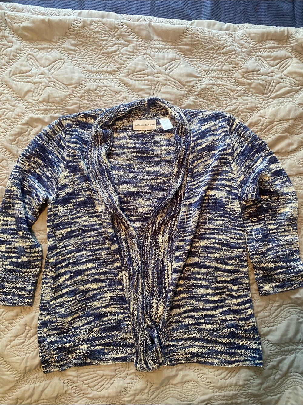 Alfred Dunner Blue and White Marled Open-Front Cardigan